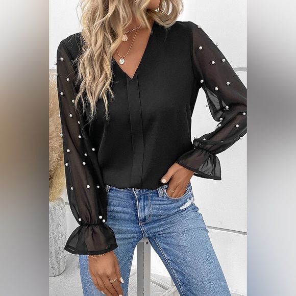 Black Pearl Mesh Flounce Sleeve V Neck Blouse - Picture 2 of 15